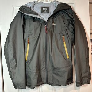 REI Women’s  Charcoal Performance Rain Jacket with Yellow Accents